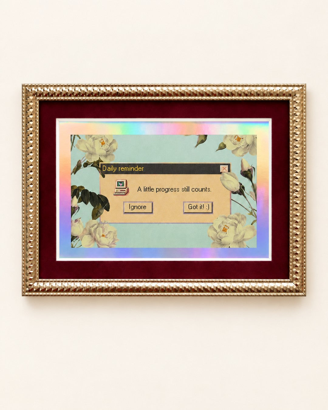 Framed card: retro computer window reading 'A little progress still counts' among ivory roses