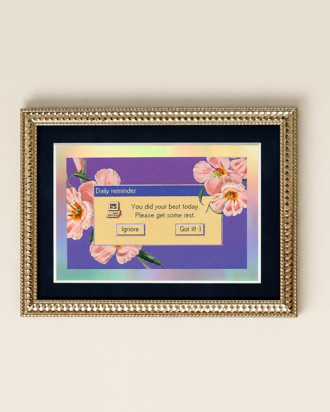 Retro okienko „Daily reminder” z napisem „You did your best today” wśród różowych kwiatów na fioletowym tle