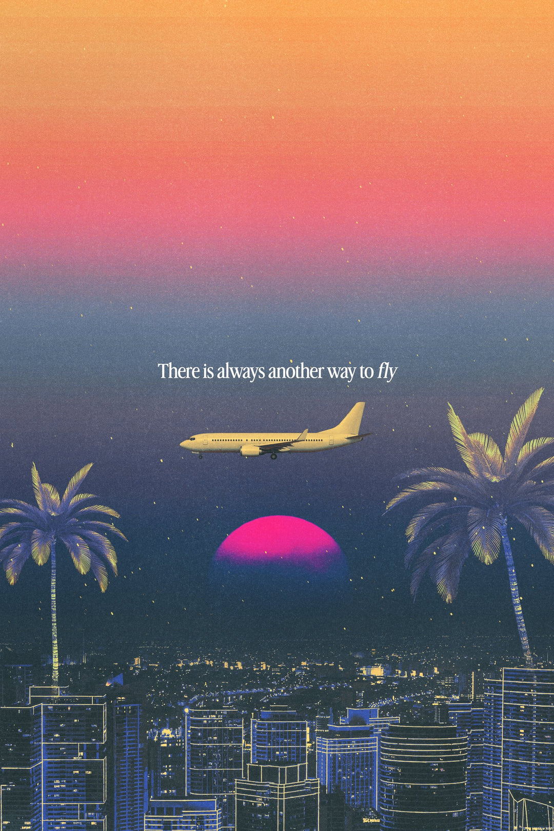 Passenger plane flying between two palm trees above a magenta sun and a lit city skyline