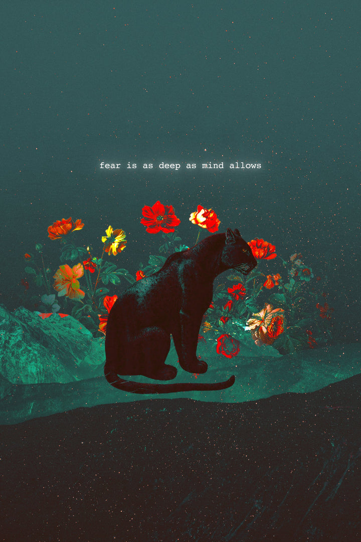 Czarna pantera siedząca wśród czerwonych kwiatów na turkusowych skałach, nad nią krótki cytat pisany na maszynie